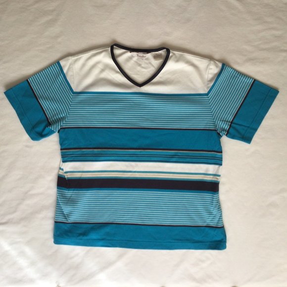 TanJay Tops - Tan Jay - Teal, white, black and tan horizontal stripe short sleeve top